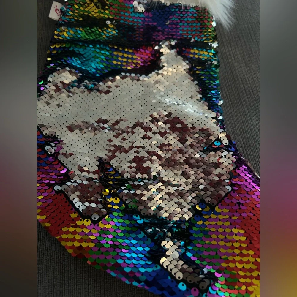 Justice Stocking Flip sequins rainbow silver faux fur trim
